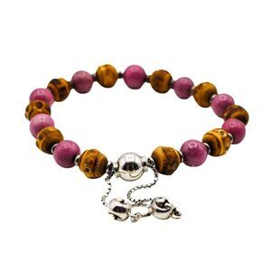 Vintage Authentic Gucci Rhodonite & Bamboo Beaded Sterling Silver Adj Bracelet